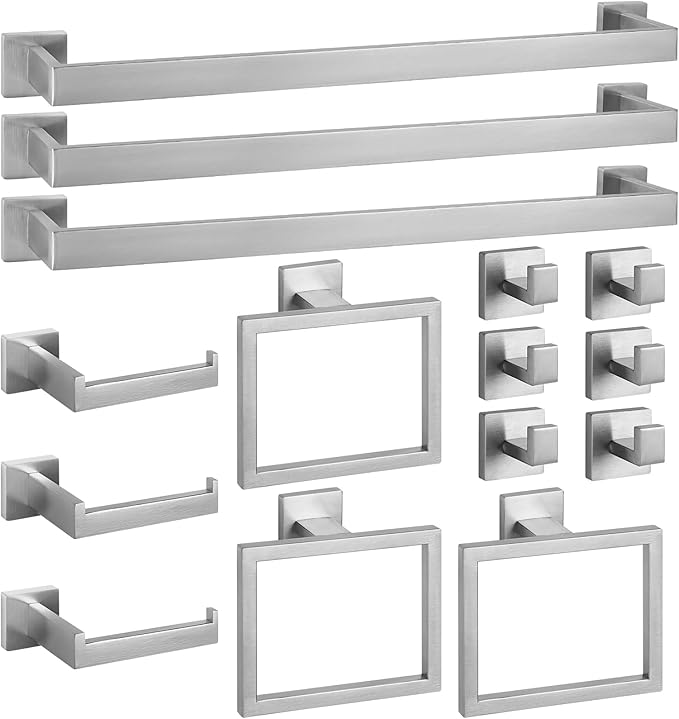 Cilee 15-Pieces Bathroom Hardware Set - Brushed Nickel Bathroom Accessories, 24 Inch Towel Bar, Square Towel Ring, Toilet Paper Holder, Towel Hook, Wall-Mounted Stainless Steel Towel Bar Rack Set