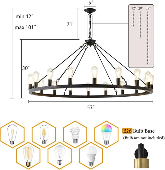 53” Black Large Wagon Wheel Chandelier,Vintage Rustic Farmhouse Chandeliers 18-Lights,Round Metal Industrial High Ceiling Pendant Light with Adjustable Height for Kitchen,Foyer,Porch,Living room