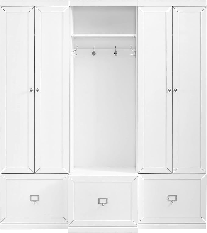 Crosley Furniture Harper 3-Piece Hall Tree and Storage Cabinet Set with Entryway Bench and Hooks for Hanging, White
