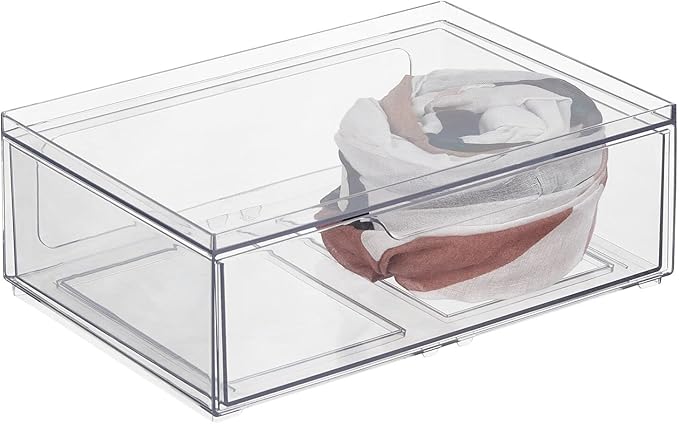 mDesign Plastic Wide Stackable Closet Storage Organizer Bin Containers with Front Pull Drawer for Cabinet, Desk, Shelf, Cupboard, or Dresser Organization, Lumiere Collection, 2 Pack - Clear
