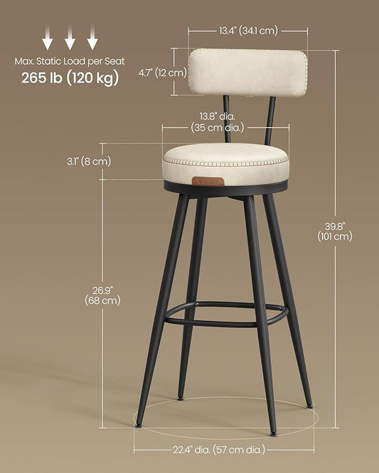 VASAGLE EKHO Collection - Bar Stools Set of 2, Swivel Bar Height Bar Stools with Back, Synthetic Leather with Stitching, Mid-Century Modern, 30-Inch Tall Barstools for Kitchen Home Bar, Cream White