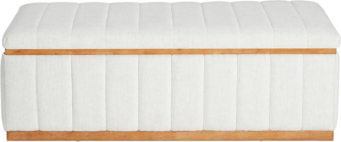 Christopher Knight Home Kira Living Room Ottoman with Storage, Linen Upholstered Storage Ottoman Bench with Channel-Tufted Design, Wood Frame Sofa Foot Stool, Bedroom End of Bed Bench, Beige