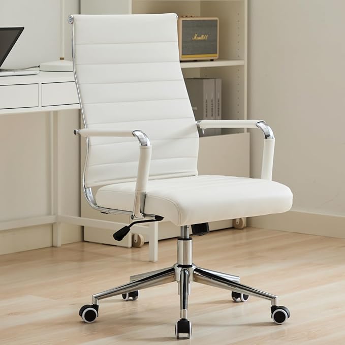 Office Desk Chair Leather, Conference Room Chairs with Wheels, Executive Modern High Back Ergonomic Swivel Rolling Ribbed Computer Chair(White)