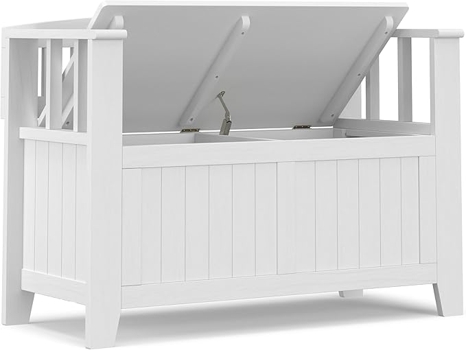 SIMPLIHOME Acadian Entryway Storage Bench - 36 inch Wide Solid Wood Small Hallway Seat in White, Transitional Bench for Mudroom or Entryway with Lift-Up Lid, 2 Compartments and Slatted Backrest