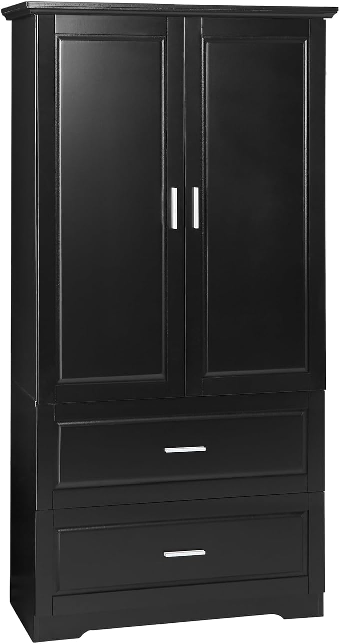 Tall Storage Cabinet, Bathroom Floor Freestanding Storage Cabinet with 2 Doors and 2 Drawers for Bathroom, Office, Living Room, Black
