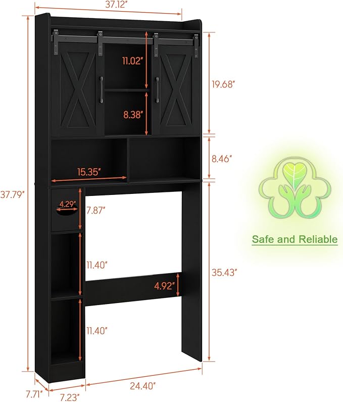Vabches Over The Toilet Storage Cabinet, Farmhouse Storage Cabinet Over Toilet with Sliding Doors & Toilet Paper Holder Stand,Home Space-Saving Toilet Rack, for Bathroom, Laundry and Restroom.Black
