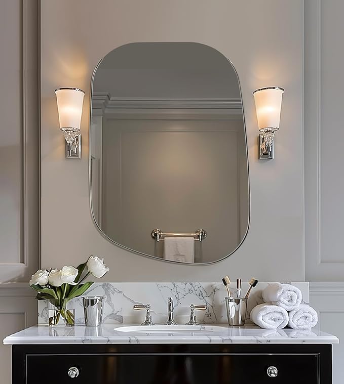 ANDY STAR 24"x32" Chrome Mirror, Silver Asymmetrical Wall Mirror for Bathroom, Unique Irregular Design with SUS304 Stainless Steel Metal Frame, Ideal for Bathroom, Bedroom, Entryway