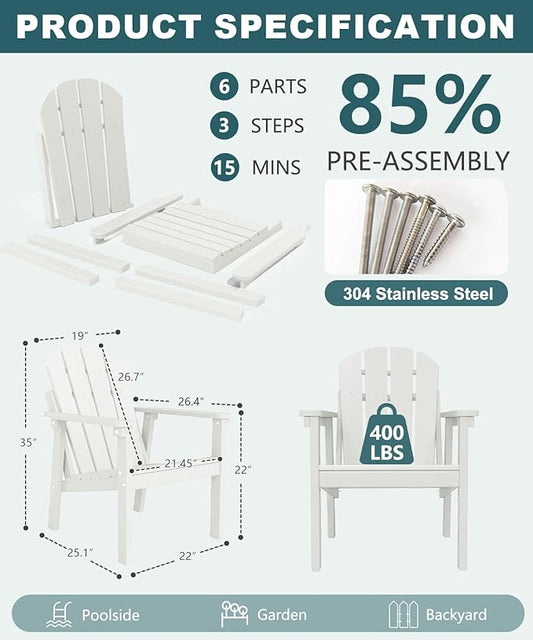 Adirondack Chair Set of 2, All Weather HDPE Fire Pit Chairs, Oversized Plastic Adirondack Chair for Outdoor, Balcony, Deck, Backyard, Patio, Garden, Poolside, Lawn White
