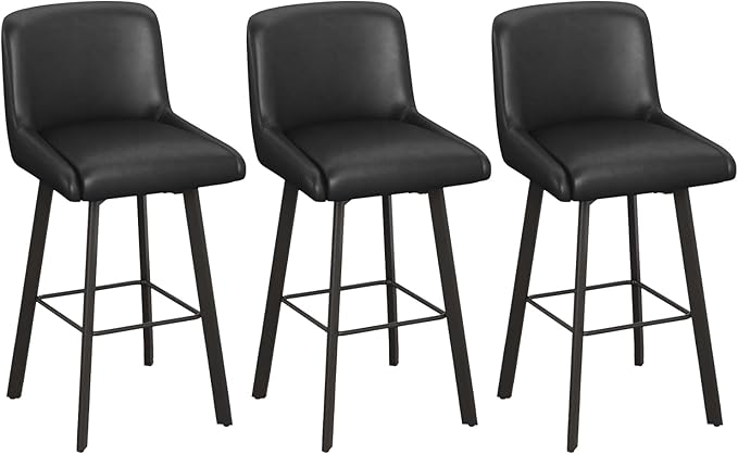 Swivel Bar Stools, 30''H Upholstered Barstools with Backs, Modern Counter Height Bar Stool Chairs for Kitchen Island, Metal Legs (Black- Faux Leather, Set of 3-30" H)