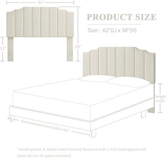 Queen Size Headboard Only, Velvet Wall Mounted Headboard Queen/Full Size for Adjustable Bed, Modern Vertical Channel Design with Curved Tufted Upholstered Head Board, Cream