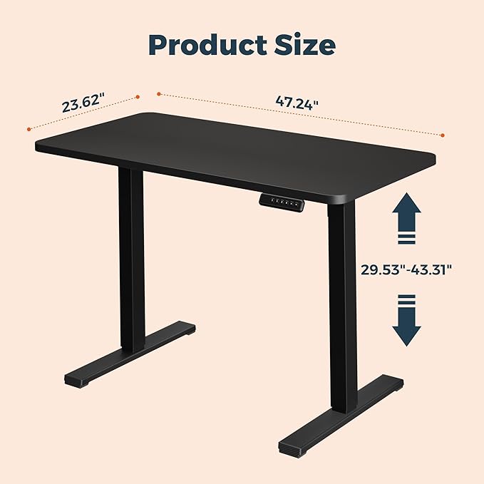 One-Piece Standing Desk 47 x 24 Inches, Small Adjustable Height Desk, Electric Sit Stand Desks Home Office Computer Workstation, Black
