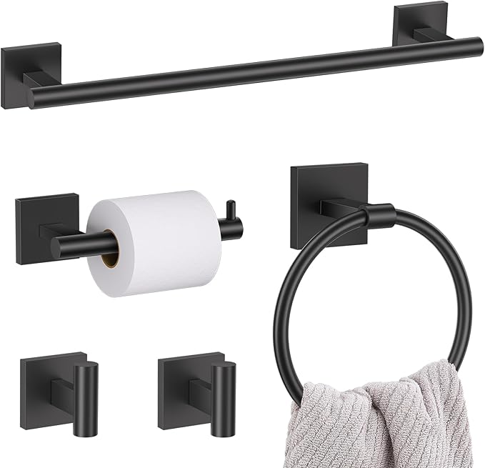5 Pieces Bathroom Hardware Set Matte Black Towel Bar Set Includes 23.6” Towel Bar, Towel Ring Holder, Toilet Paper Holder and Two Towel Hooks, Bathroom Accessories Set SUS304 Wall Mounted