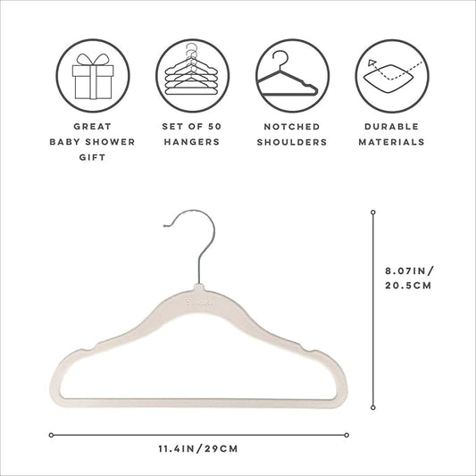 3 Sprouts Velvet Baby Hangers - Non-Slip Hanger for Infant, Toddler, Baby Clothes - Closet Kids Hangers with Slim Design, Nordic Colors, Pack of 50 - Cream