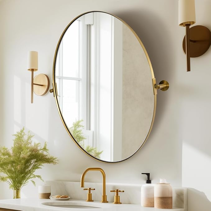 ANDY STAR Gold Bathroom Mirror, 20" x 30" Tilting Vanity Oval Mirror for Wall, Brushed Gold Stainless Steel Metal Frame Pivot Mirror Hangs Vertically Wall-Mounted