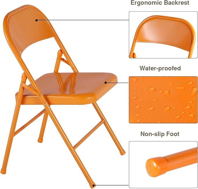 VECELO Metal Frame Steel Folding Mounted Chairs with Triple Braced & Double Hinged Back for Home Office,350-Pound Capacity,Orange, Pack of 4