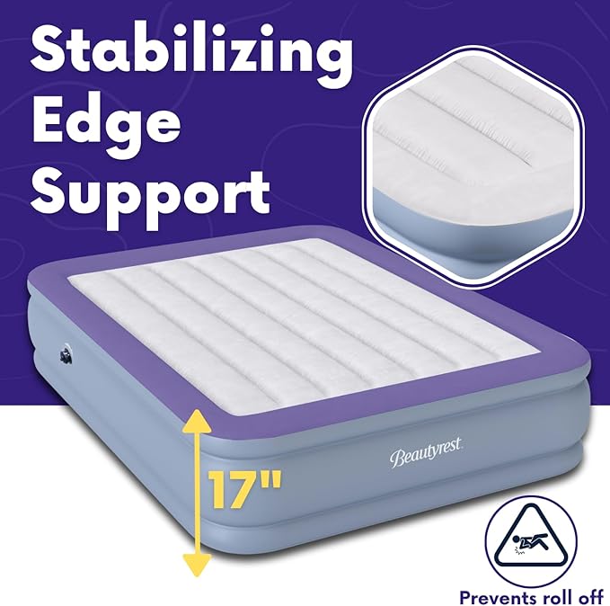 Beautyrest Hi-Loft Queen Size Air Mattress with Vertical Beam Construction, Edge Support, External Pump and Puncture Resistant Vinyl for Guests and Camping