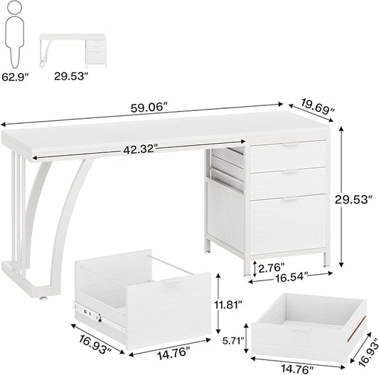Tribesigns Computer Desk with 3 Drawers, 59-Inch PC Desk with Reversible Drawers, Industrial Study Writing Table Workstation with File Storage for Home Office, White