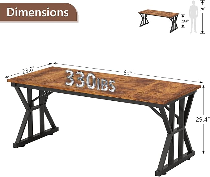 TVU 63-Inch Executive Desk, Large Office Desk with Thicken Frame, Computer Desk Modern Simple Desk for Home Office, Rustic Brown