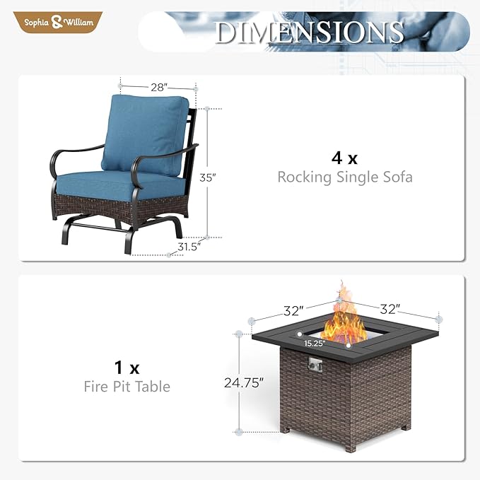 Sophia & William Patio Furniture Set with Fire Pit Table, 5 PCS Metal Outdoor Conversation Set Sofa Couch with Fire Pit Table, 4 Sofa Chairs for Outdoor Seating,Backyard,Porch(Navy)