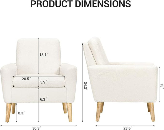 Lohoms White Accent Chair Set of 2 for Living Room, Fluffy Comfy Reading Leisure Chairs for Bedroom, White Teddy Upholstered Sherpa Armchair for Apartment, Small Boucle Sofa Chair with Wood Legs