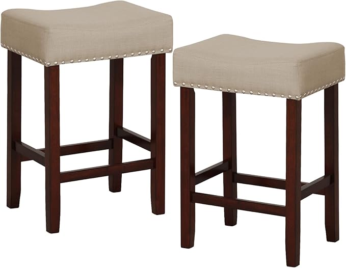 COSTWAY Counter Height Bar Stools Set of 4, 25-inch Backless Saddle Stools with Nailhead Trim, Rubber Wood Frame, Footrest, Max Load 330 Lbs, Upholstered Barstools for Kitchen Island Pub, Beige