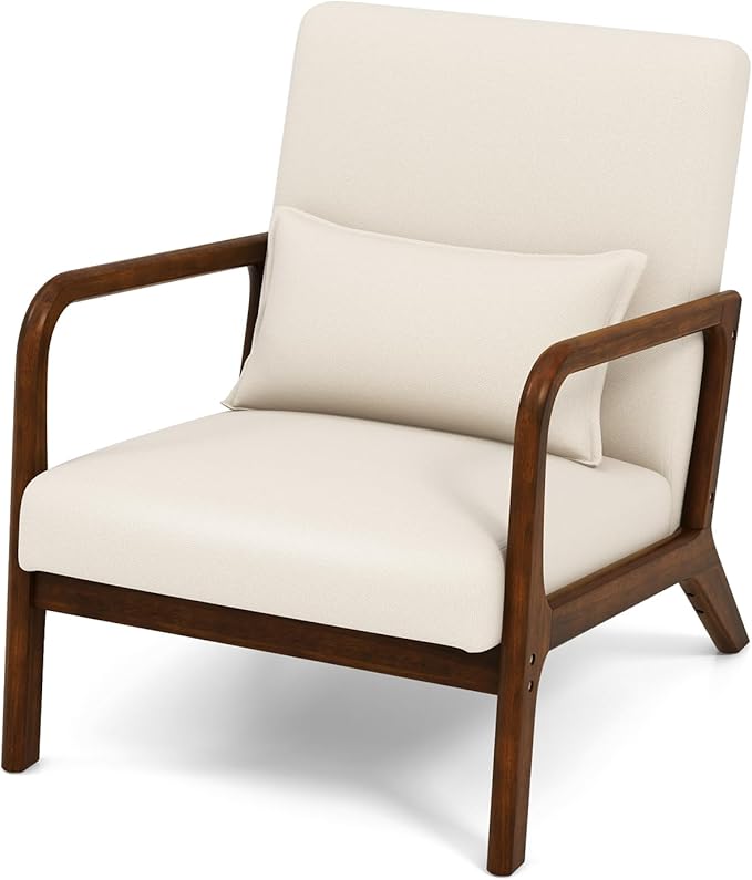 KOMFOTT Mid-Century Modern Accent Chair Set of 2, Living Room LeisureChair with Cushioned Seat & Back, Upholstered Armchair with Rubber Wood Frame & Lumbar Pillow, Lounge Chair for Bedroom, Beige