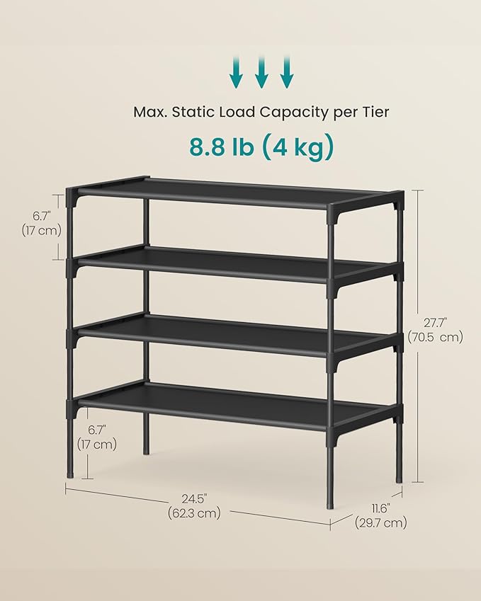 SONGMICS Shoe Rack, 4-Tier Shoe Storage Organizer, Space-Saving, 11.6 x 24.5 x 27.7 Inches, Entryway, Metal Frame, Non-Woven Fabric Shelves, Ink Black ULSH024BH01S