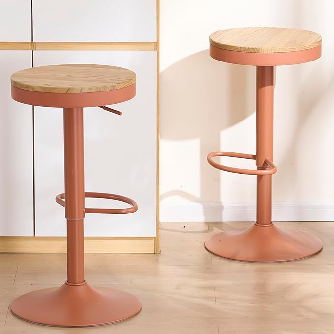 Kidol & Shellder Bar Stools Set of 2 Round Adjustable Swivel Barstools Modern Backless Bar Chairs Wooden Seat Counter Height Stools Armless for Kitchen Island, Cafe, Dining Room Terracotta