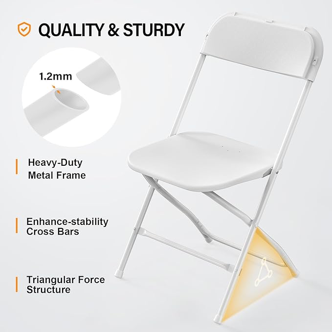 VINGLI 10 Pack White Plastic Folding Chair, Indoor Outdoor Portable Stackable Commercial Seat with Steel Frame 350lb. Capacity for Events Office Wedding Party Picnic Kitchen Dining