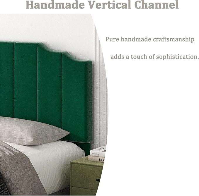 Queen Size Headboard Only, Velvet Wall Mounted Headboard Queen/Full Size for Adjustable Bed, Modern Vertical Channel Design with Curved Tufted Upholstered Head Board, Jade Green