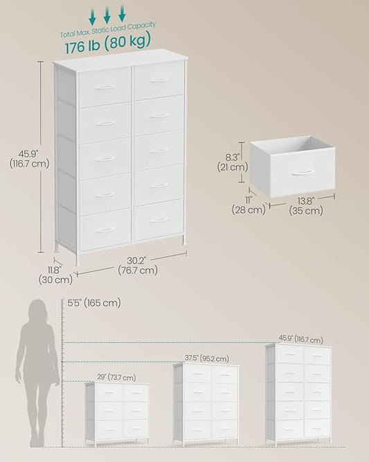 SONGMICS Dresser for Bedroom, Chest of Drawers, Steel, MDF, 10 Non-Woven Fabric Drawers, Storage Organizer Unit, Closet, Entryway, Cloud White and Snow White ULGS125W01S