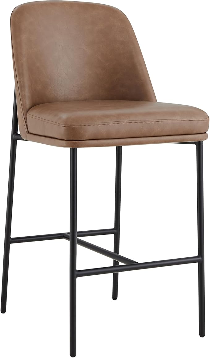 CHITA Counter Height Bar Stools Set of 2, FSC Certified Metal Barstools for Kitchen Island, 27" H Seat Height, Faux Leather, Saddle Brown