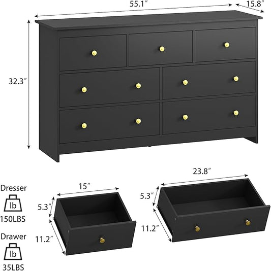 Black Dresser for Bedroom, 7 Drawer Dresser with Metal Handles, 55 Inch Wide Wood Chest for Living Room, Hallway