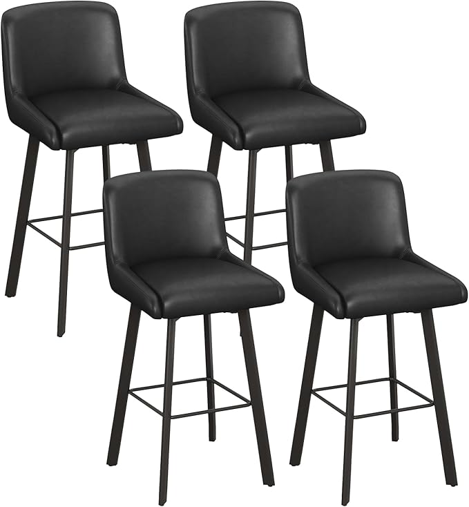 Swivel Bar Stools, 30''H Upholstered Barstools with Backs, Modern Counter Height Bar Stool Chairs for Kitchen Island, Metal Legs (Black- Faux Leather, Set of 4-30" H)