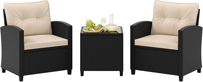 Tangkula 3 Piece Patio Furniture Set, Rattan Conversation Set w/Soft Seat & Back Cushions, Tempered Glass Topped Coffee Table, Cushioned Wicker Seating Set for Backyard, Porch, Poolside (Beige)