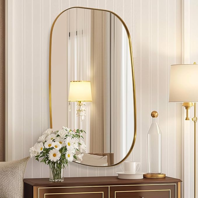 ANDY STAR 24"x40" Asymmetrical Wall Mirror,Brushed Gold Irregular Bathroom Mirror with Stainless Steel Metal Frame, Wall-Mounted Mirror for Bathroom, Entryway (Horizontal/Vertical)