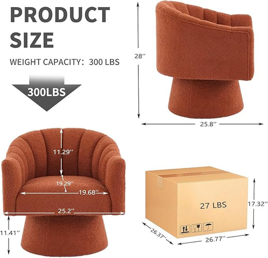 Swivel Accent Chair,Upholstered Teddy 360° Swivel Barrel Chair for Living Room Overstuffed Bouncle Reading Chair Round Armchair for Bedroom,Vanity,Office-Orange