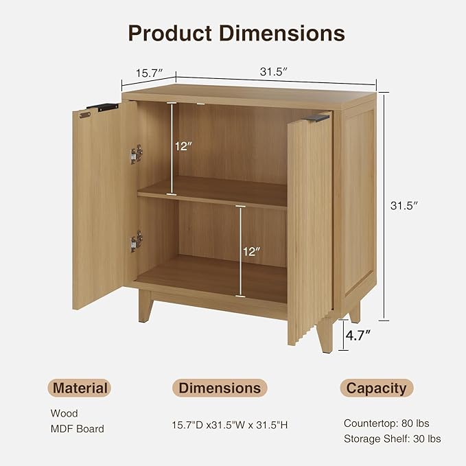 Fluted Cabinet with Storage, 2 Doors Sideboard Buffet, Mid Century Modern Accent Cabinet with Adjustable Shelves, Multifunctional Console Table with Storage for Living Room, Kitchen, Entryway