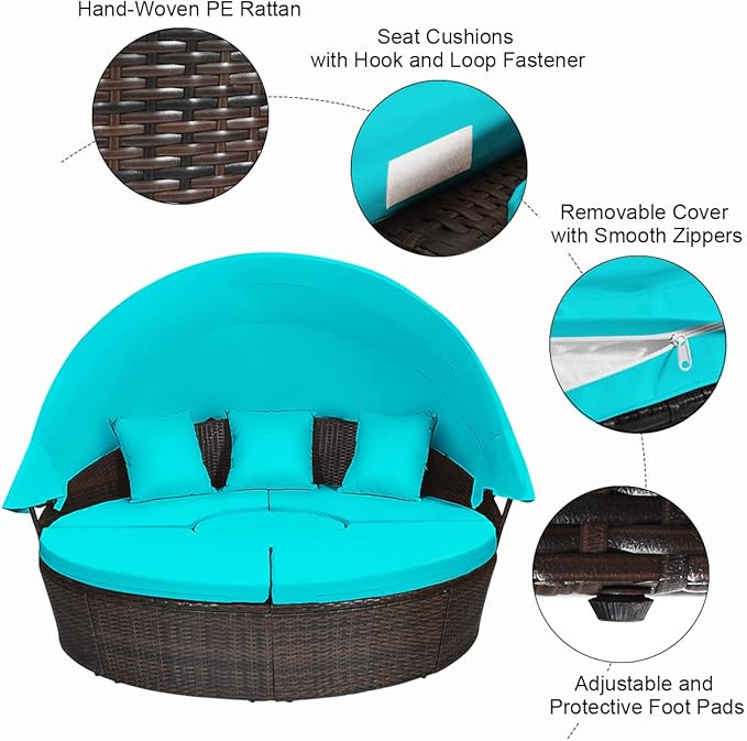 COSTWAY Patio Round Daybed with Retractable Canopy, Wicker Furniture Sectional Couch with Separate Cushioned Seats, Adjustable Table Top, Patio Rattan Daybed Sofa for Poolside, Turquoise