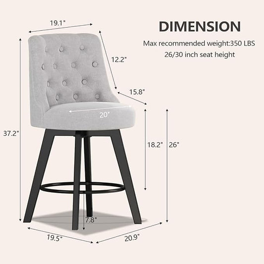 MINCETA Set of 2 Upholstered Bar Stools - 26 Inch Swivel Counter Height Stools with Low Tufted Back, Footrest & Performance Fabric - Round Seat for Kitchen Island & Home Bar Gray and Beige