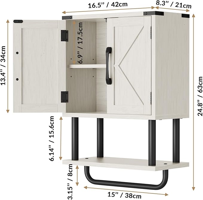 AmazerBath Bathroom Wood Wall Cabinets, Farmhouse Medicine Cabinets Organizer with Towel Bar, Hanging Small Storage Cabinet with Adjustable Shelf, 2 Doors Wall Organizer Cabinet for Small Spaces