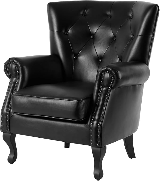 Modern Faux Leather Accent Chair, Upholstered Mid-Century Armchair with Solid Wood Legs, Single Sofa Chair for Living Room, Bedroom, or Reading Room(Black)