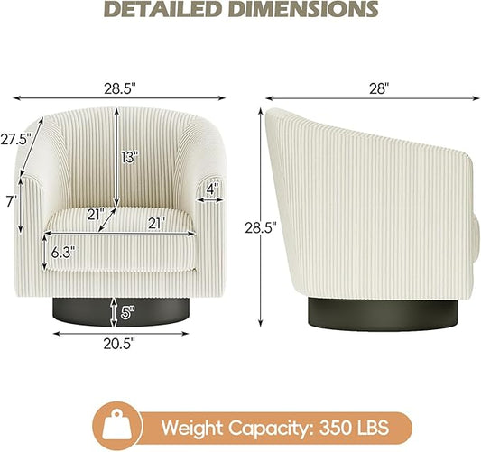 360° Swivel Accent Chairs Set of 2, Modern Bucket Chair, Corduroy Barrel Armchair, Comfy Boucle Chair, Single Sofa for Living Room Bedroom. Cream White