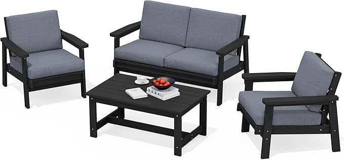 SERWALL 4 Piece HDPE Outdoor Furniture Set, All Weather Wood-Like Outdoor Sofa Sectional Couch, Black Patio Furniture Set with Grey Cushions