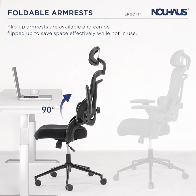 Nouhaus Ergonomic Mesh Office Chair Adjustable Lumbar Support and Flip-up Armrests High Back Headrest, Tilt Function Comfy Computer Gaming Chair Swivel Desk Chairs (Ergo Fit,Dark Black)