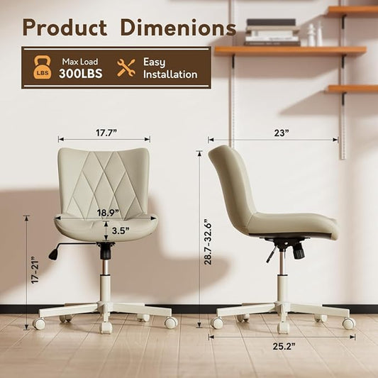 Armless Desk Chair, Morden Home Office Chair no Arms, Adjustable Height & Rocking Computer Chair, PU Leather Vanity Chair, Ergonomic Seat Soft Padded Desk Chairs for Home Small Space, Beige