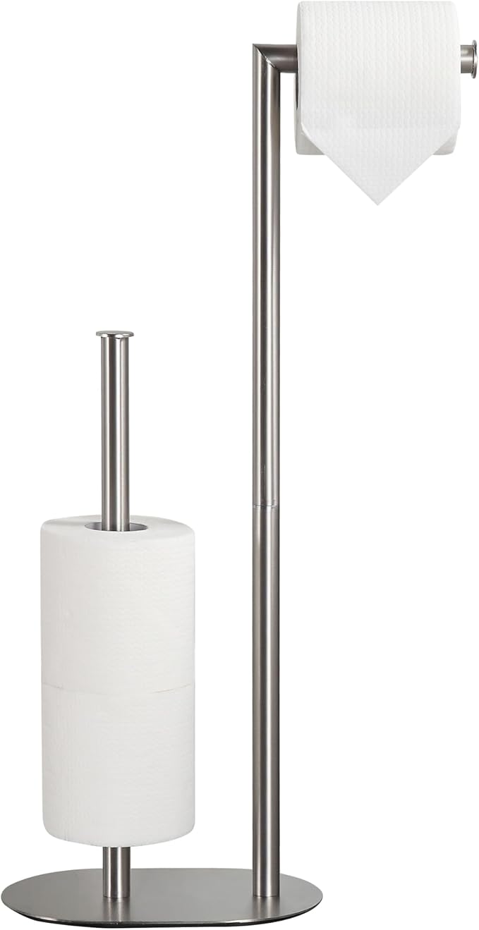Brushed Nickel Freestanding Toilet Paper Holder with Reserve for Bathroom with Weighted Base, Modern Tissue Roll Holder Stand