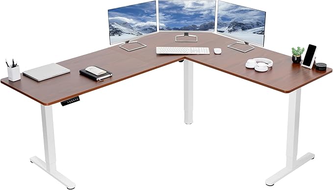 VIVO Corner Standing Desk, 75 x 63 inch Reversible L-Shaped Workstation, Electric Height Adjustment, Home, Office, and Reception Rooms, Dark Walnut Table Top White Frame, DESK-E3CTWD-75