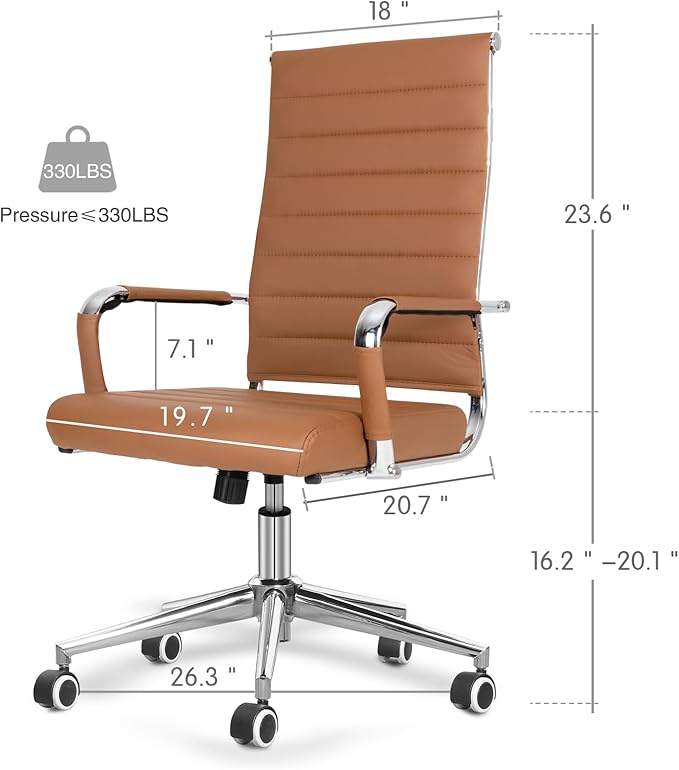 Home Office Chair Ribbed, Modern Leather Conference Waiting Room Chairs,Ergonomic Office Desk Chair, High Back Executive Computer Chair, Adjustable Swivel Chair with Arms (Brown)