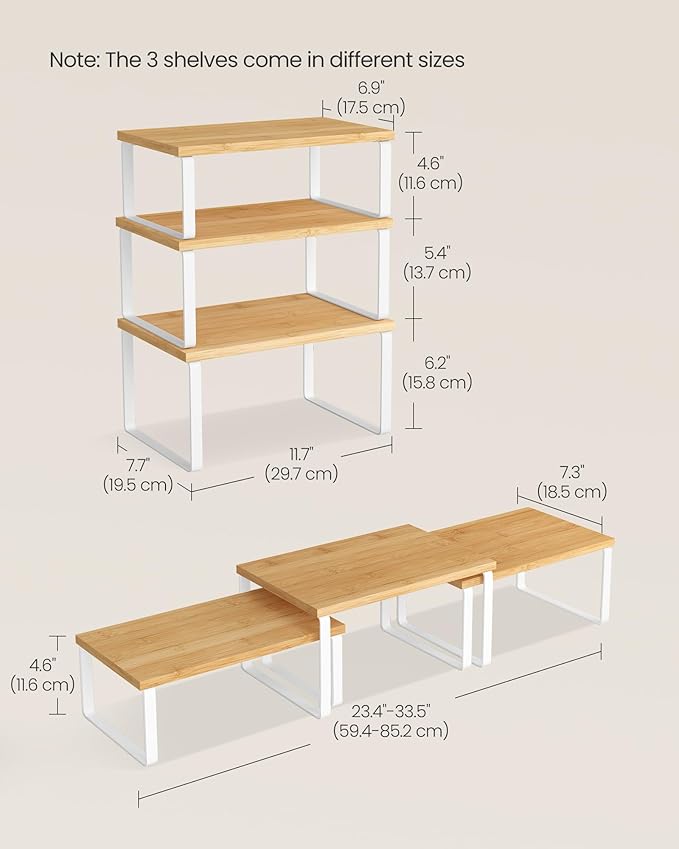 SONGMICS Cabinet Organizer Shelf, Set of 3 Kitchen Counter Shelves, Kitchen Storage, Spice Rack, Stackable, Expandable, Cloud White and Natural Beige UKCS014YL02